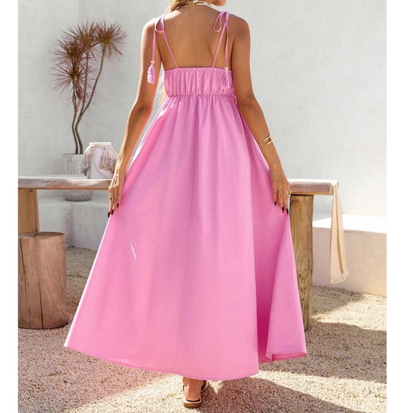 Boho Pink Crochet Shoulder Tie Cami maxi Dress - Picture 4 of 5